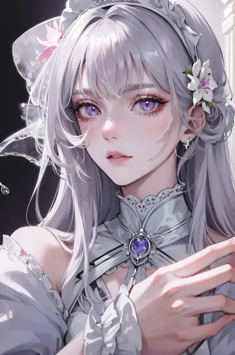 Masterpiece Best Night Full Moon 1 Female Mature Woman Sister Royal Sister Cold Face Expressionless Silver-White Long Haired Woman Light Pink Lips Calm and Intellectual Three Banded Gray Pupil Assassin Short Knife, Flower, Hand Detail, Facial Detail, Delic...