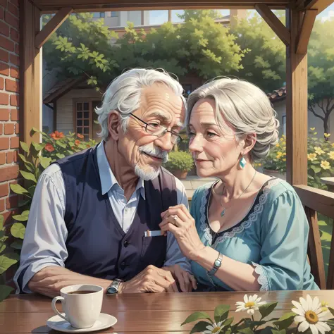 old granpa and old granma in love with each other sitting on their patio together --auto --s2