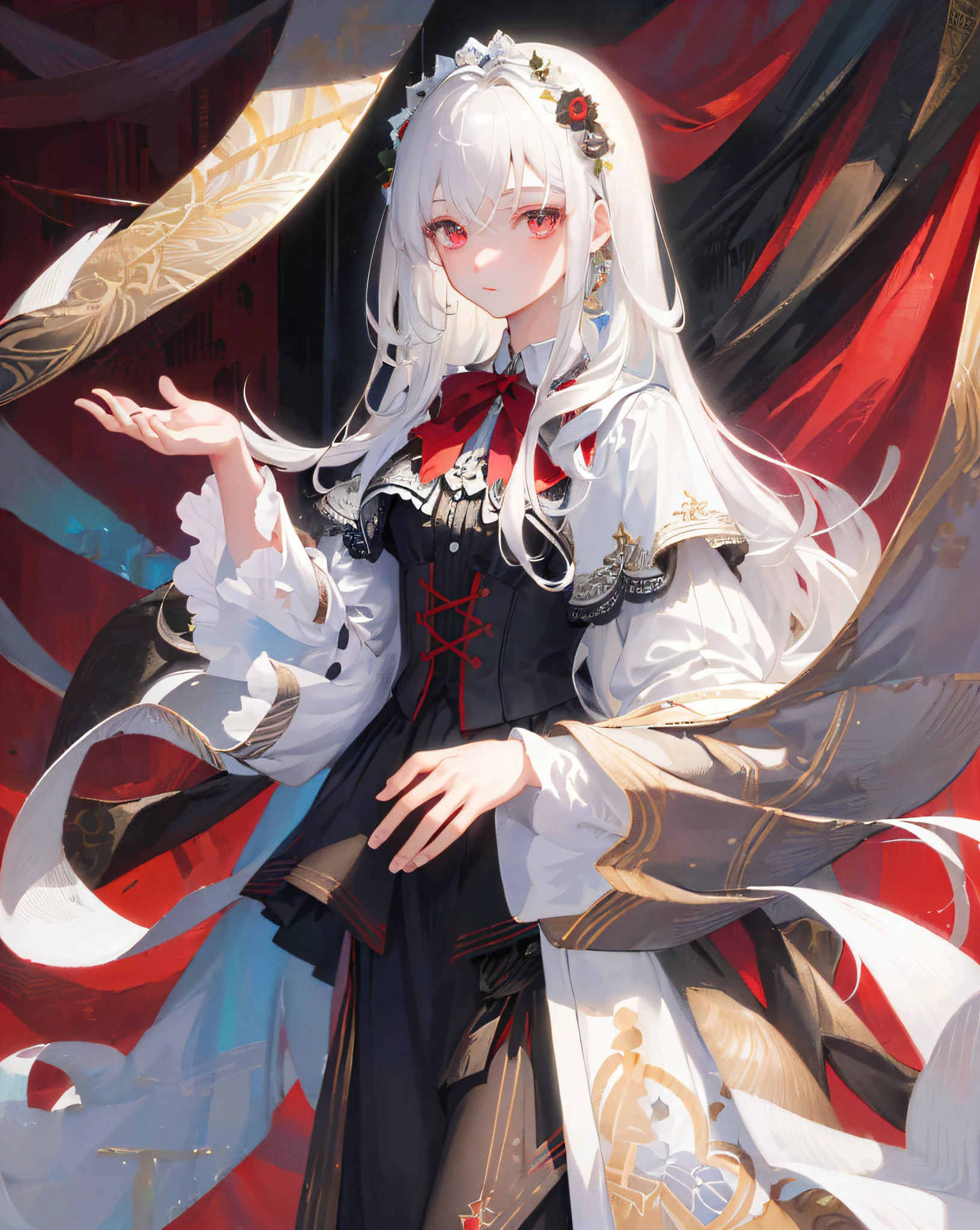 ((masterpiece)), ((high detail)), 1girl,  ((ultra-detailed)),((delicate face)),  Beautiful detailed eyes, gradient hair,hairs between eyes, GSHead,1girl ,solo,white hair,red eyes,genshin_impact, black_background,look at the viewer,