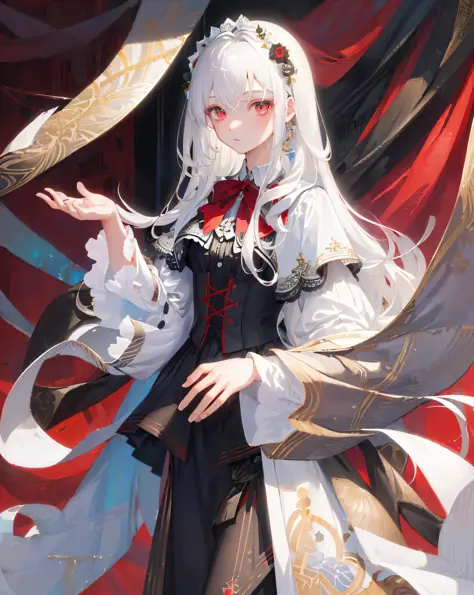 ((masterpiece)), ((high detail)), 1girl,  ((ultra-detailed)),((delicate face)),  Beautiful detailed eyes, gradient hair,hairs between eyes, GSHead,1girl ,solo,white hair,red eyes,genshin_impact, black_background,look at the viewer,