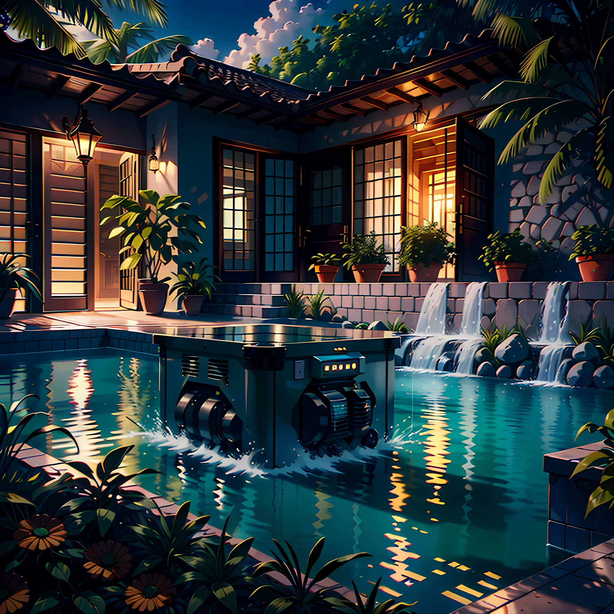 In the evening, next to the pool inside the villa, there is a set of generator equipment, ultra detail, highly real, 4K, chiaroscuro, super high detail