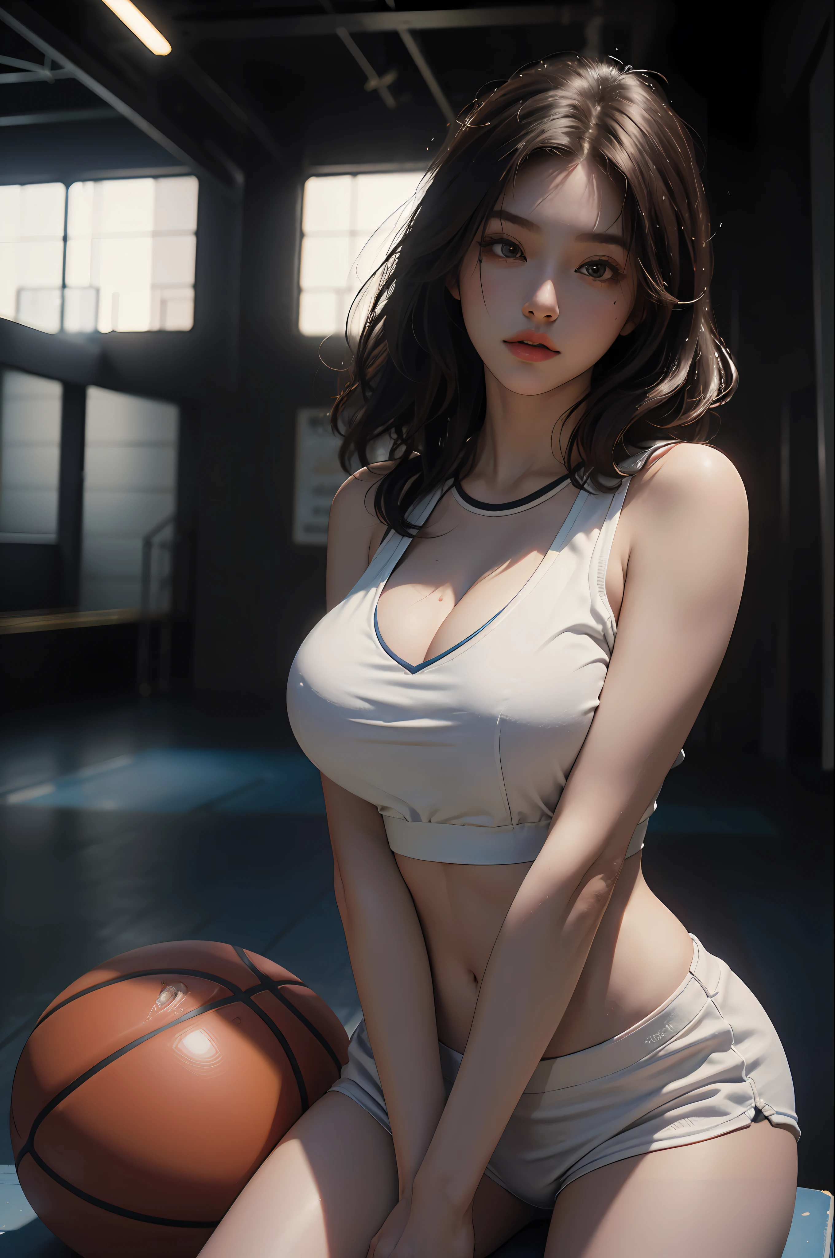 (RAW photo, 4k, masterpiece, high resolution, extremely complex) (realistic: 1.4), cinematic lighting Delicate girl with facial features
1 Girl, Single Focus, Summer Noon, Hot, 1990s\(Style\), Skin White, (Big Breast, Cleavage), (Best Quality), (Highres), (An Extremely Delicate and Beautiful),,(Beautiful 8k face),(Brown Eyes),(ulzzang-6500:1.0),(solo),( looking side),(spectators),(large breasts),(NBA),bent over,,lookside,(side), ,(Basketball sportswear),((Play basketball)),((gymnasium)),((speed)),(reality),