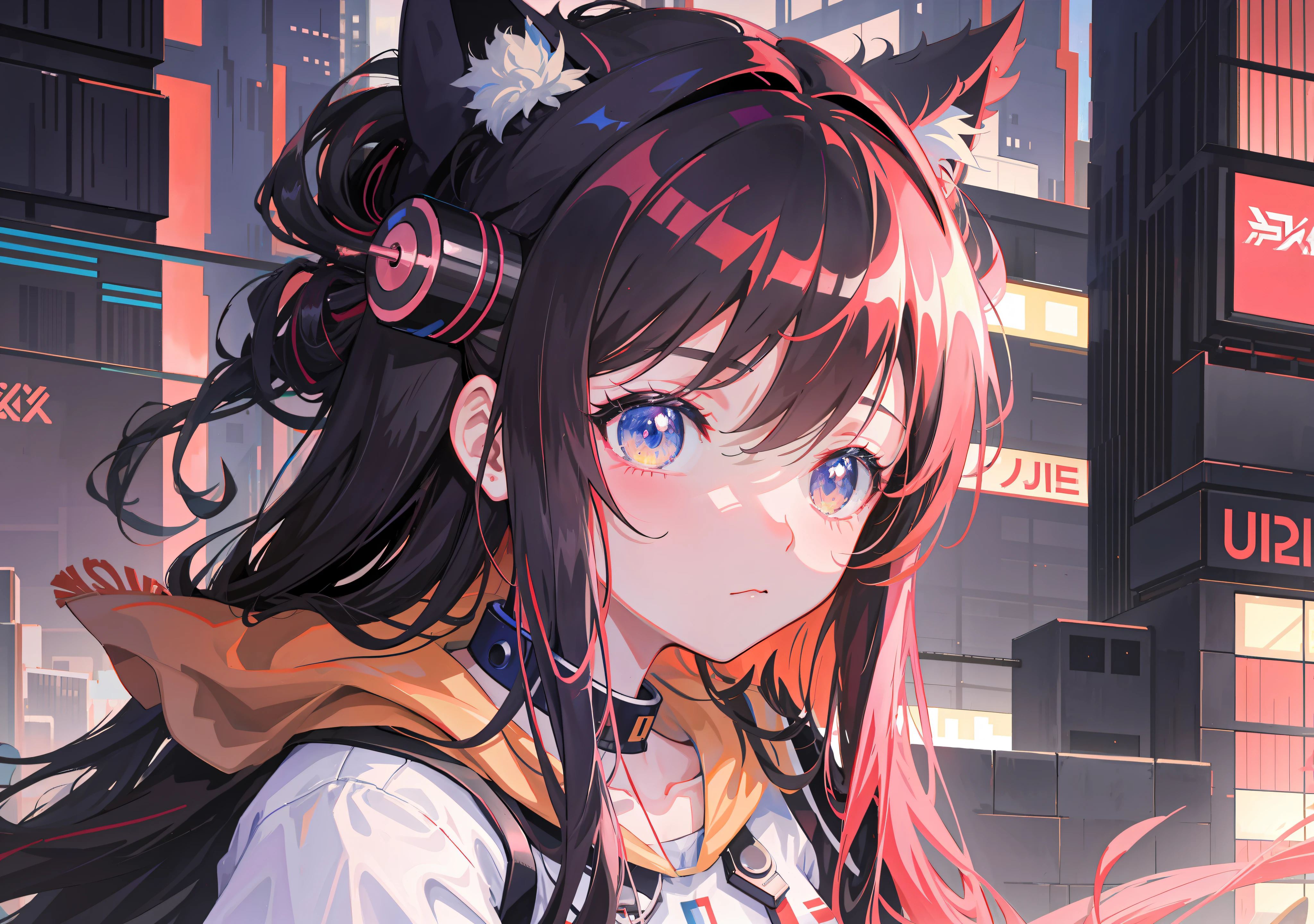 Anime girl with long hair and cat ears in the city, anime style 4 K, from Ark Night, best anime 4k konachan wallpaper, anime girl with cat ears, cyberpunk anime girl mecha, cyberpunk anime girl, digital cyberpunk anime art, anime cyberpunk art, totally robot!! Catwoman, Badass Anime 8 K, Detailed Digital Anime Art, Cute Anime Style, Splash Anime Art, Pixiv, Best Quality, Ultra HD