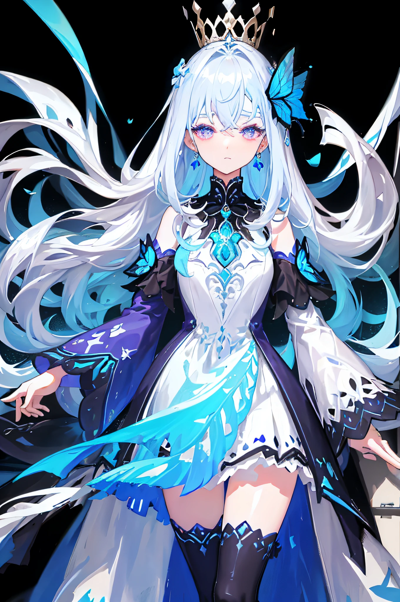 (Masterpiece, Best Quality: 1.4), Detailed Background, White Crystal, Crystal Cluster, Long Hair, Jewelry, Earrings, Necklace, Crown, Bride, White Hair, Halo, (Overlook), Dynamic Angle, Ultra Detailed, Illustration, Close Up, Direct Look, 1girl, (Fantasy: 1.4), (Purple Eyes: 1.233), Her Eyes Shine Like Dreamy Stars, (Glow Eyes: 1.233), (Beautiful and Delicate Eyes: 1.1), (Silver Hair: 1.14), (Messy Hair, Very Long Hair, French braids, hair between the eyes, side hair), (+(blue hair flower: 1.14)), (chiffon dress, uniform blue flower pattern)/= (military uniform: 1.24), (split sleeves, wide sleeves), (fingerless gloves), choker, (miko thighhighs), high heeled boots, (expressionless, shut up), (standing), (classical princess boudoir with dresser floor-to-ceiling windows white ancient palace), (white flowers, blooming), (deep sea), (flowing water), (dark blue world tree:1.14),(Ruins),(Night:1.2),dreamy,Soul,(fluorescent),(Flying Translucent Blue Butterfly:1.15),[Delicate Fingers and Hands:0.55]::0.85], (Finger Detail), (Yubao:0.5)