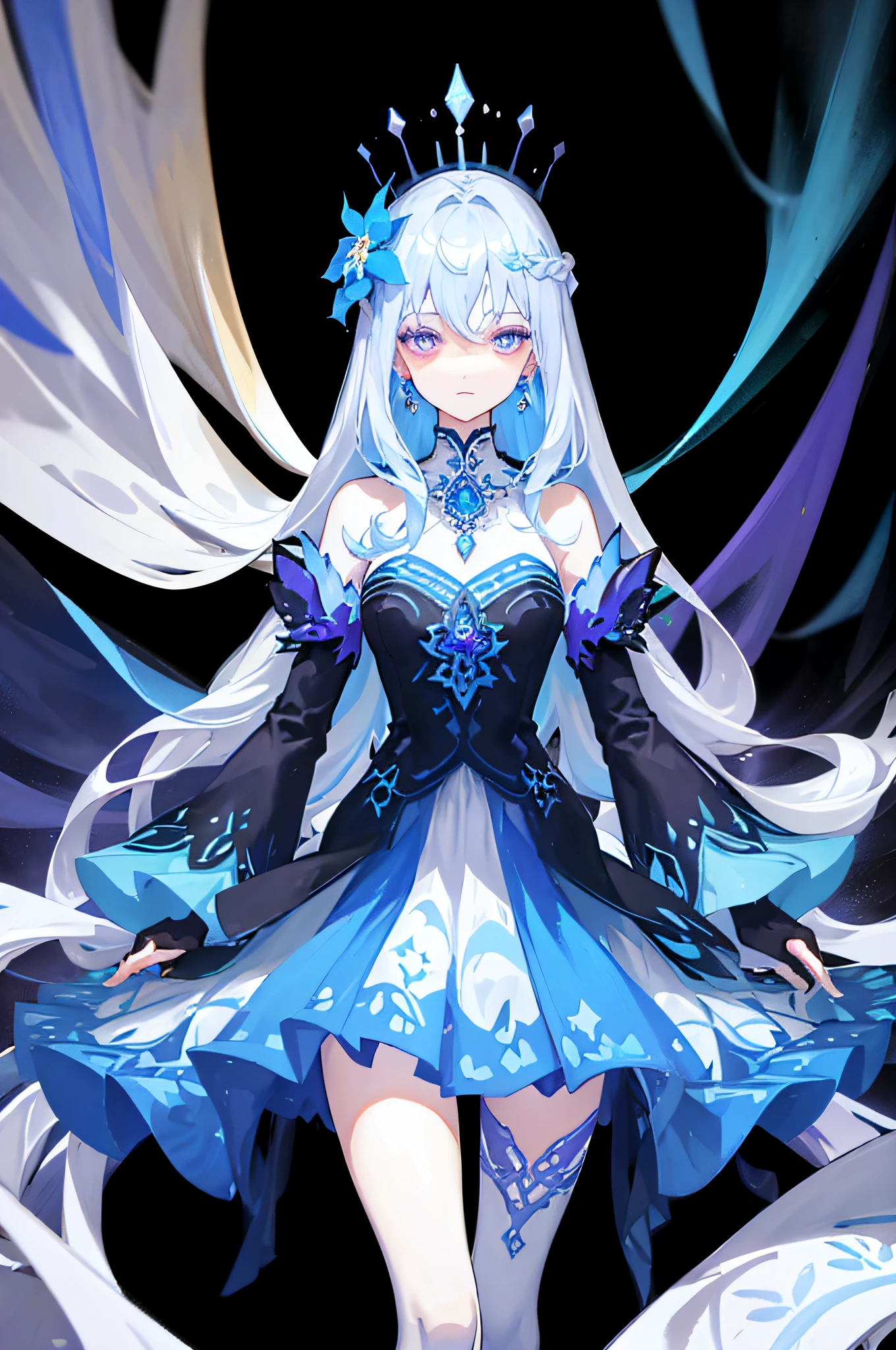 (Masterpiece, Best Quality: 1.4), Detailed Background, White Crystal, Crystal Cluster, Long Hair, Jewelry, Earrings, Necklace, Crown, Bride, White Hair, Halo, (Overlook), Dynamic Angle, Ultra Detailed, Illustration, Close Up, Direct Look, 1girl, (Fantasy: 1.4), (Purple Eyes: 1.233), Her Eyes Shine Like Dreamy Stars, (Glow Eyes: 1.233), (Beautiful and Delicate Eyes: 1.1), (Silver Hair: 1.14), (Messy Hair, Very Long Hair, French braids, hair between the eyes, side hair), (+(blue hair flower: 1.14)), (chiffon dress, uniform blue flower pattern)/= (military uniform: 1.24), (split sleeves, wide sleeves), (fingerless gloves), choker, (miko thighhighs), high heeled boots, (expressionless, shut up), (standing), (classical princess boudoir with dresser floor-to-ceiling windows white ancient palace), (white flowers, blooming), (deep sea), (flowing water), (dark blue world tree:1.14),(Ruins),(Night:1.2),dreamy,Soul,(fluorescent),(Flying Translucent Blue Butterfly:1.15),[Delicate Fingers and Hands:0.55]::0.85], (Finger Detail), (Yubao:0.5)