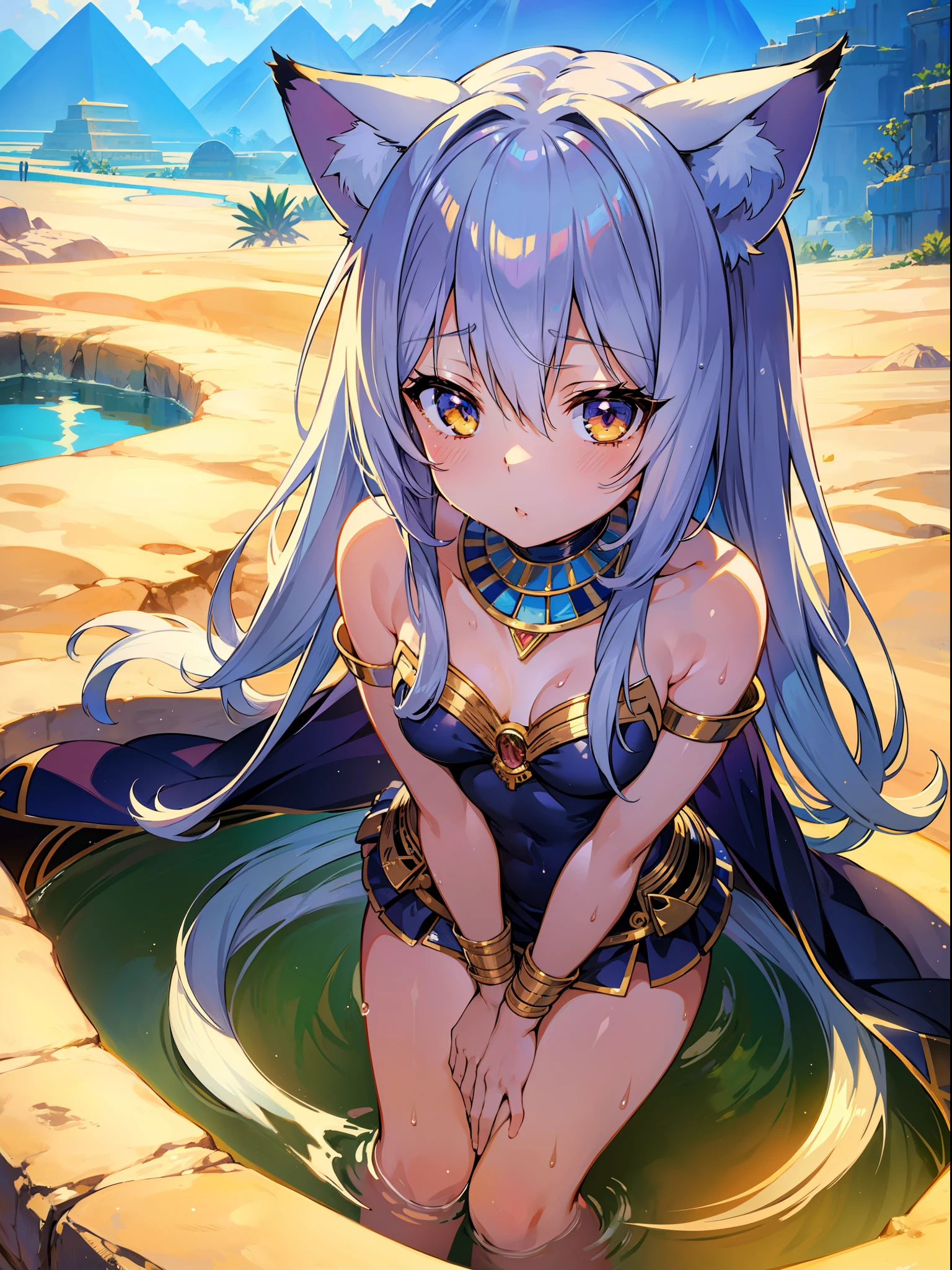 Masterpiece, top quality anime illustration, super detailed, one girl, solo focus, beautiful girl with silver hair cat ears, anime loli, cat ears loli, thigh emphasis, bastet costume, egyptian mythology, bathing in desert oasis, wet sheer