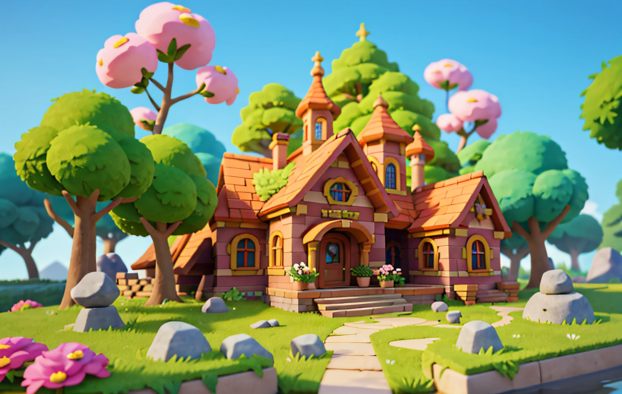 Cartoon style, polygon, game architectural design, fantasy, charming concert hall, bar, tables, Musical Instruments, stones, bricks, grass, flowers, trees, casual game style, creative, best details, cartoon style, 3d, blender, masterpiece, best quality, cartoon rendering, 8K