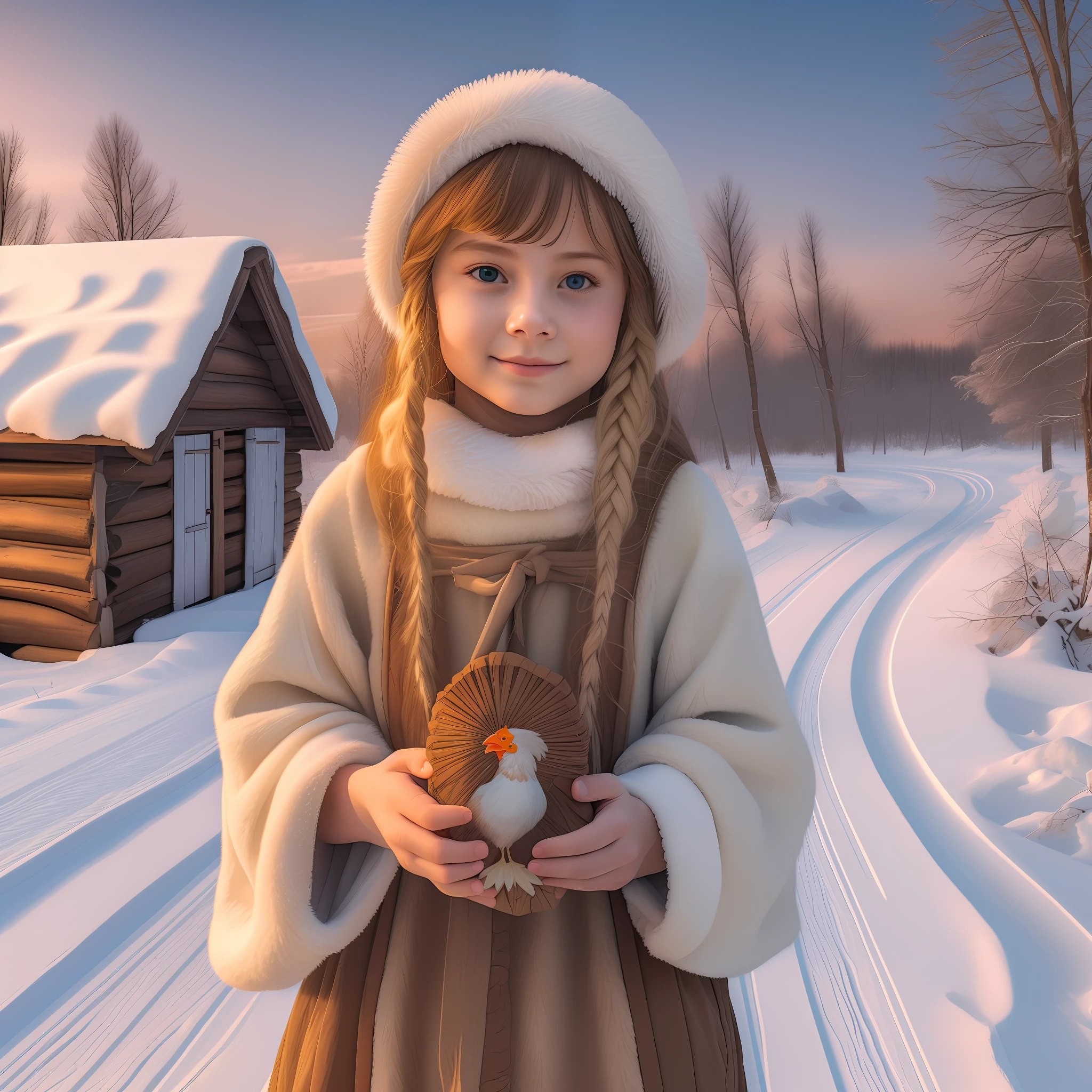 一個可愛的年輕女子的原始照片，她的頭是一隻雞, 作為俄羅斯農民, 赤腳, 手裡拿著瓦倫基的俄羅斯鞋, 冬天, 俄羅斯老村莊的道路, 兩邊都是小屋 , 高細節, 銳利的焦點, 影像是用高階全片幅相機拍攝的, 夜晚的颜色, 柔和的燈光, 夕陽餘暉, 8K
