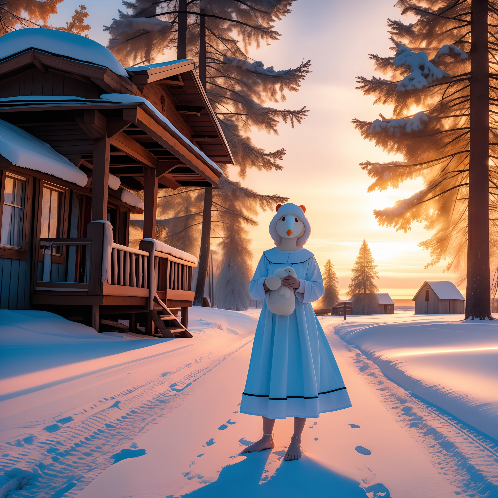 RAW photo of a cute young woman whose head is a chicken, anthropomorphic hybrid as a russian peasant, in woman's nightgown, barefoot, holding the russian valenki in her hands, winter, sunset, road in old russian village, huts, outdoor, high detail, sharp focus, image is taken with a high-end full-frame camera, night colors, soft lighting, 8k