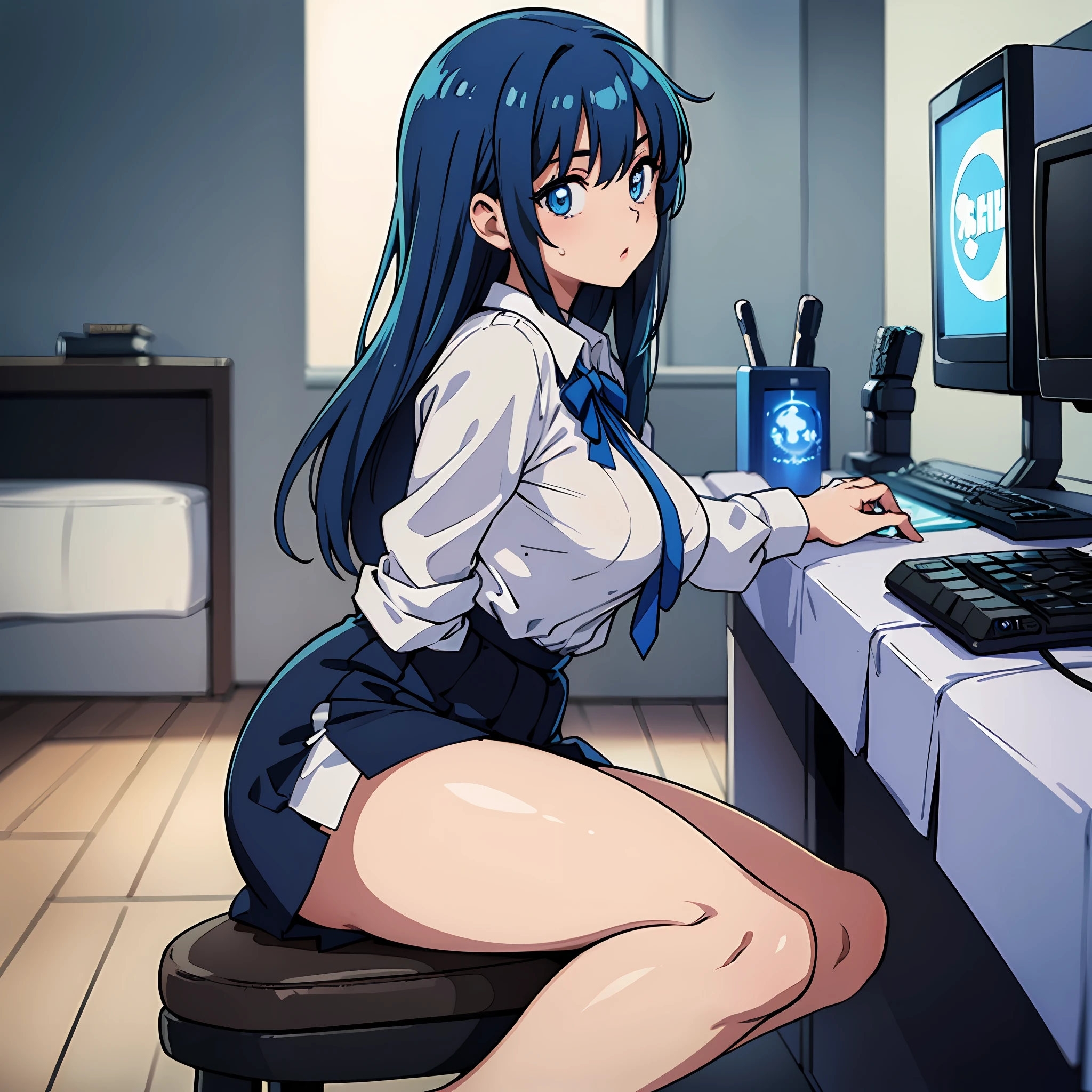 ((masterpiece)),(best quality),(detailed),(1girl),blue hair, blue glowing eyes, white shirt, black skirt, sitting on a computer server