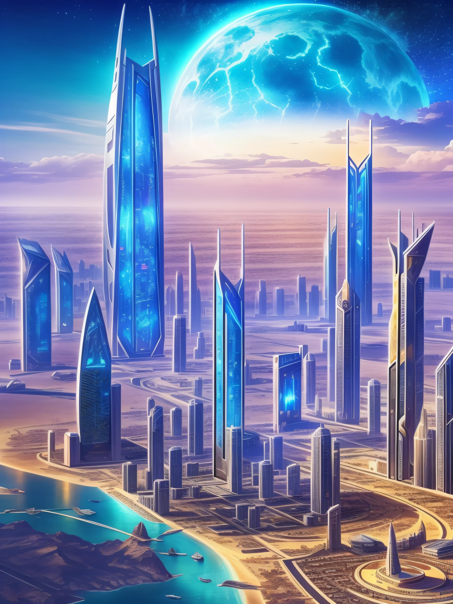 futuristic city, fantasy, 24th century, desert, sea