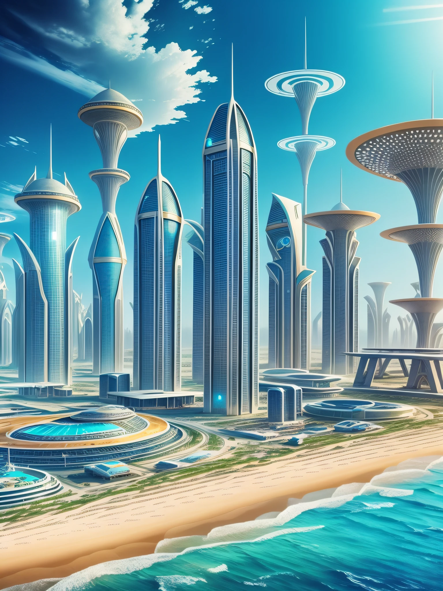 futuristic city, fantasy, 24th century, desert, sea, sandy beach