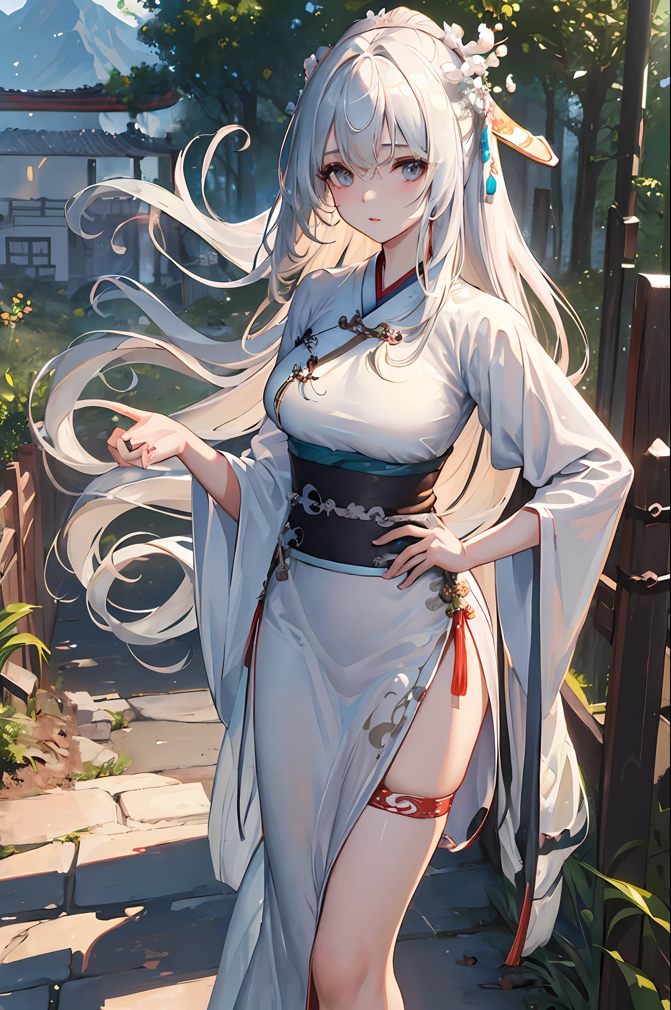 (masterpiece:1.5),(best quality:1.5),(ultra-detailed:1.5),illustration,cowboy shot,1girl,solo,(buildings),perfect face,lustrous skin,long hair,beautiful detailed eyes,beautiful flowing hair,(ru_qun:1.5),(hanfu:1.5),chinese clothes, white dress,white thighhighs, (bloom),lighting, ray tracing,outdoors,  mountains, nature,hair ornament, hair ribbon,hand on hip,looking at viewer,ahoge,large breasts, (deep depth of field:1.5),hair ornament, forest,barefoot sandals