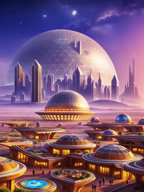 futuristic city, fantasy, 24th century, desert, mountain, dome, shelter