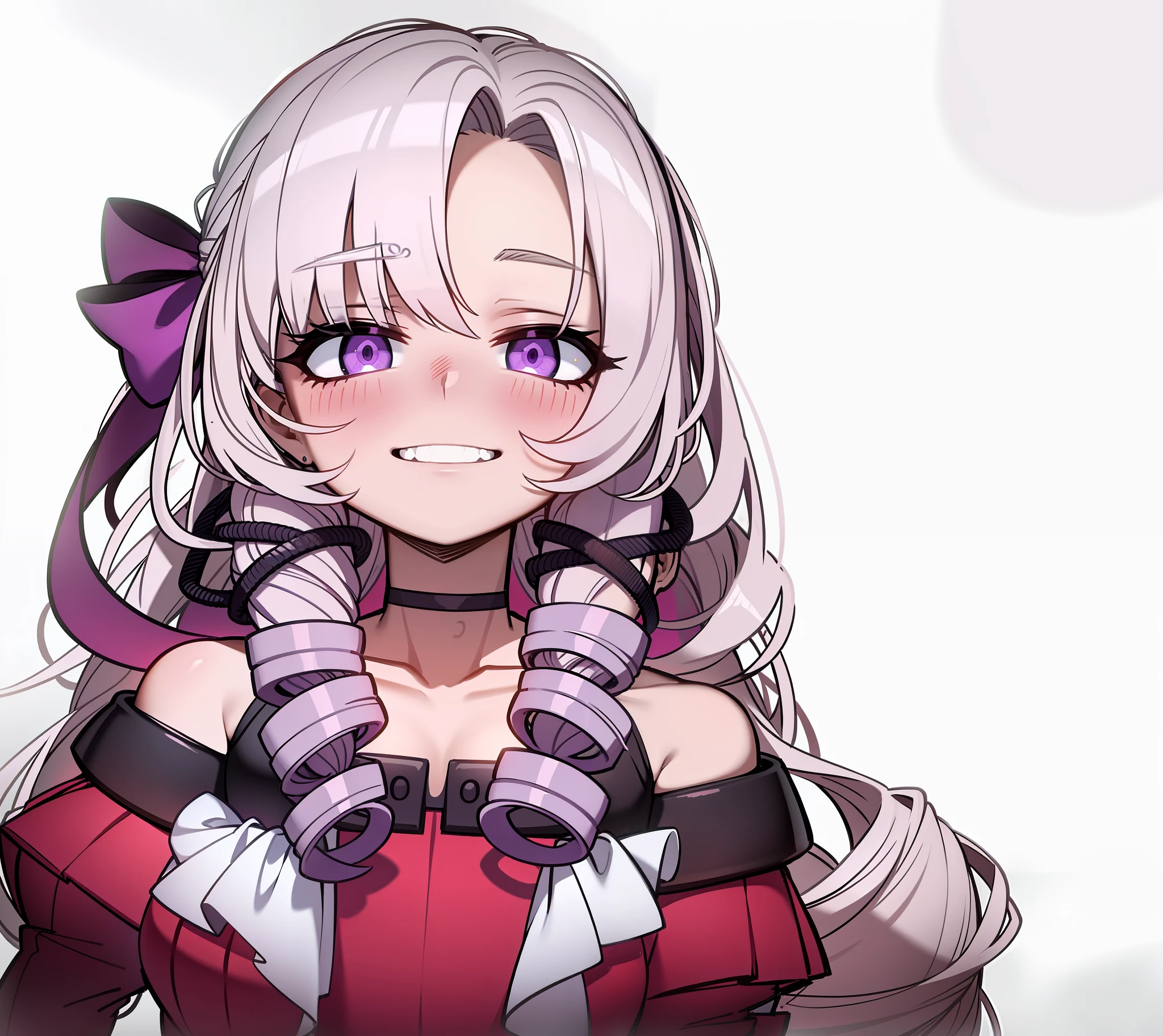 twin drill, purple ribbon, doya face, lilac hair, shadow on face, yandere