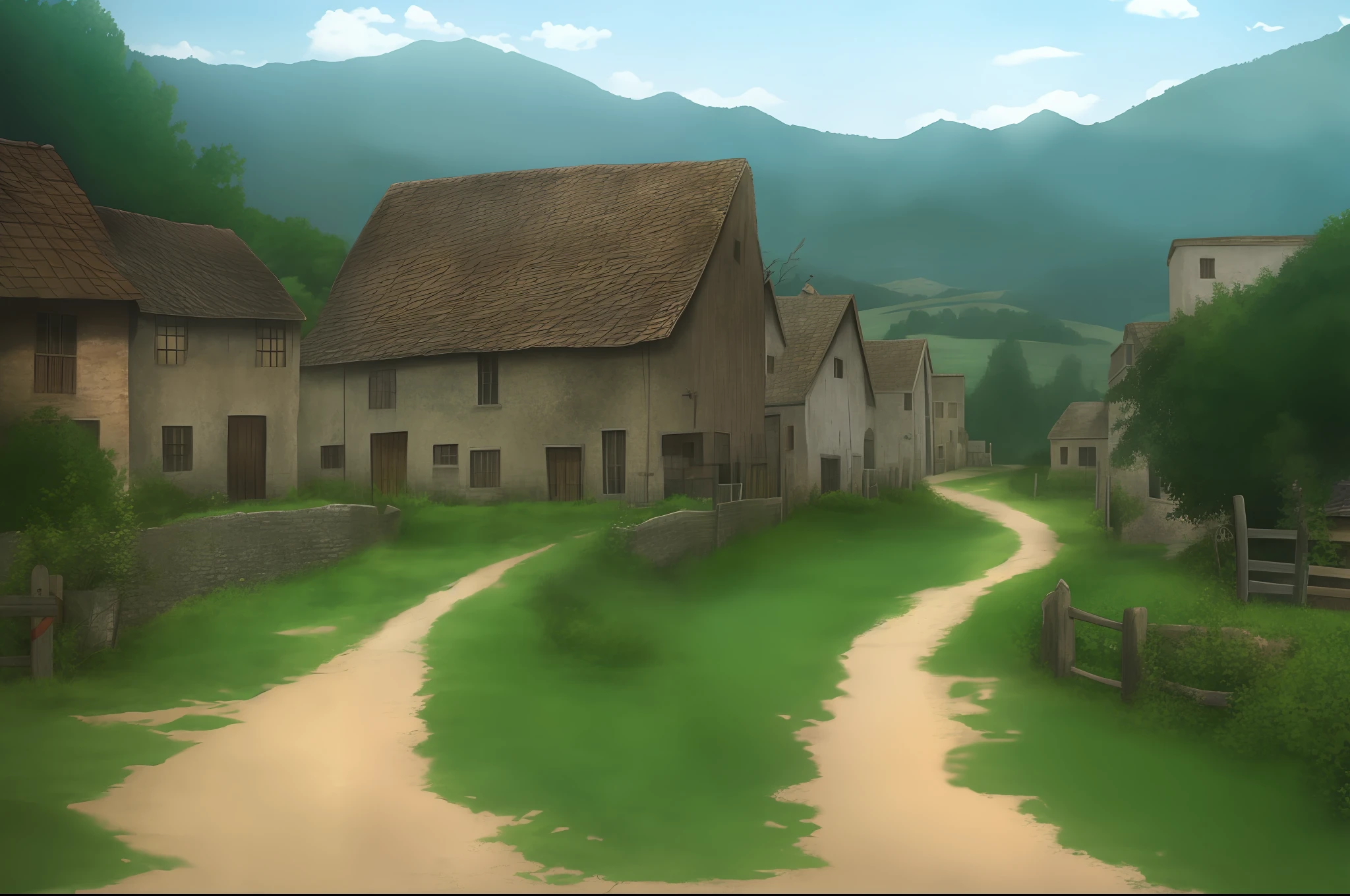 Dirt road with an old medieval village around it, people with vintage clothes in the background all in anime style