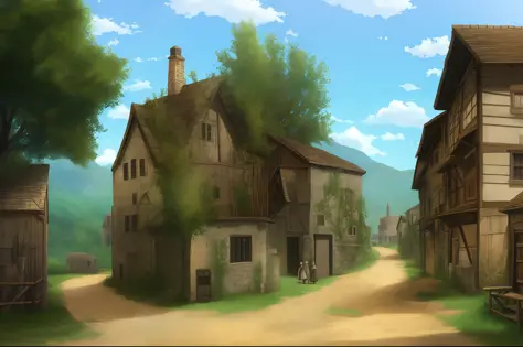 dirt road with an old medieval village around it, people with vintage clothes in the background all in anime style