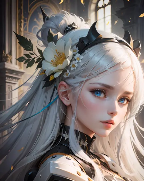 beautiful girls,cecilia schariac,4D,digital art,black abyss,white flower,white long hair,blue eyes,battlesuit,wearing a horn like hairpin on her head,along with a yellow,upscale --auto --s2