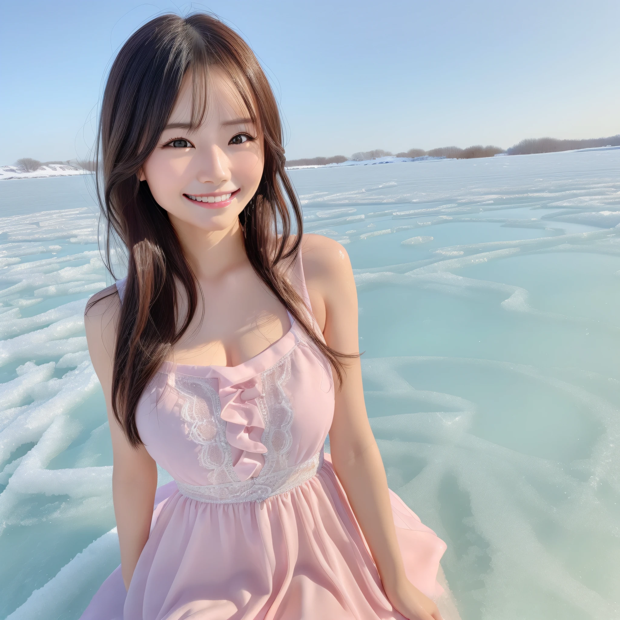 best quality, ultra high res, (photorealistic: 1.4), 8k resolution, girl, (random hair: 1.3), (realistic hair: 1.2), (Chinese girl: 1.2), (realistic eyes: 1.2), (beauty face: 1.3), perfect body, white pink skin, medium chest, neckline, (happy face smile: 1.2), ((((happy smile)))), (looking at the viewer), (wet dress: 1.2), (bathing in the frozen lake: 1.3), polar bear,