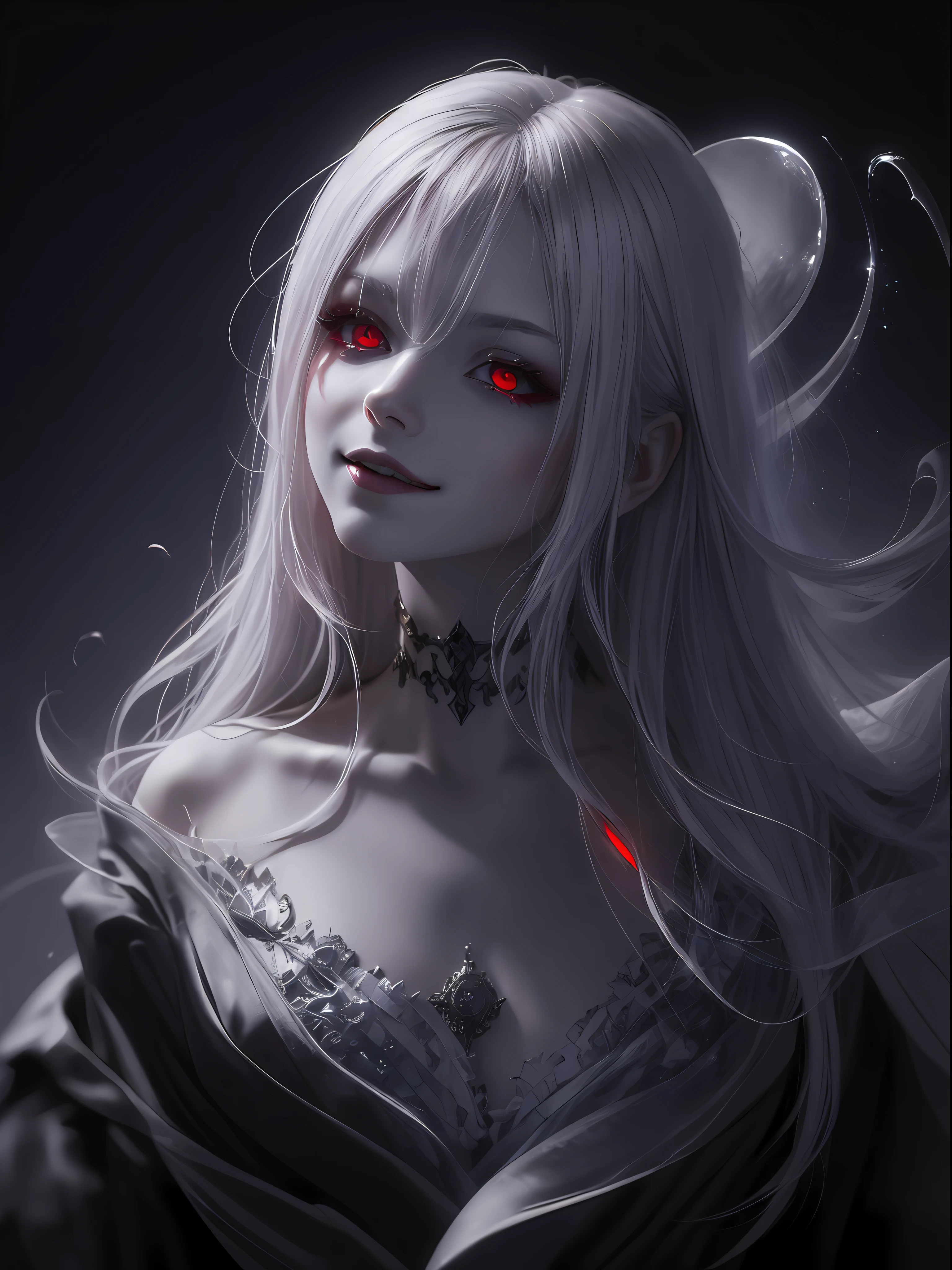 (evocative, mesmerizing, ethereal atmosphere),(red eyes with a malicious gleam, porcelain skin, mischievous grin)