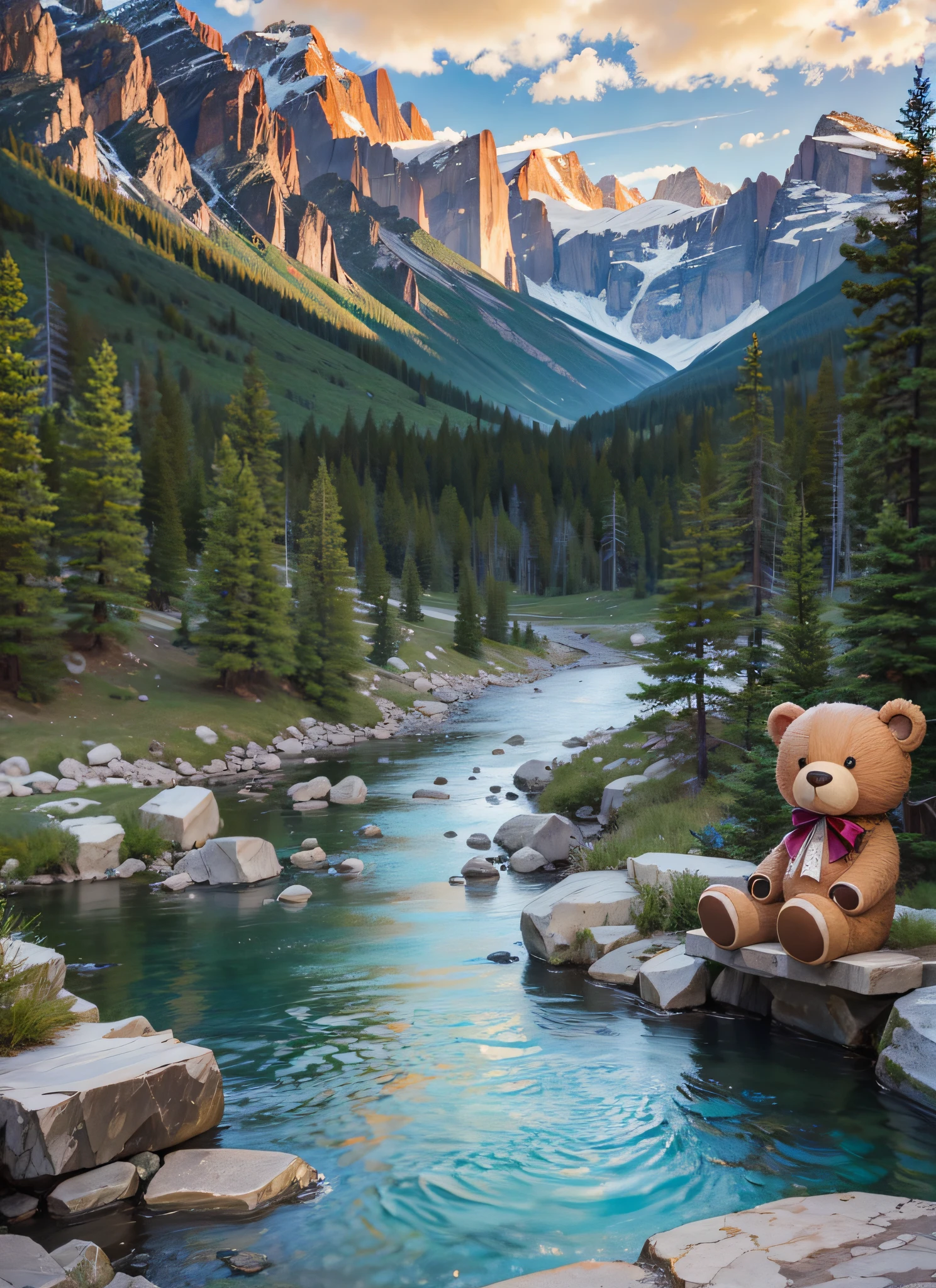 gorgeous masterpiece teddy bear light caramel realistic, bear image next to the Camera, the bear is near a river with Colorado mountains in the background