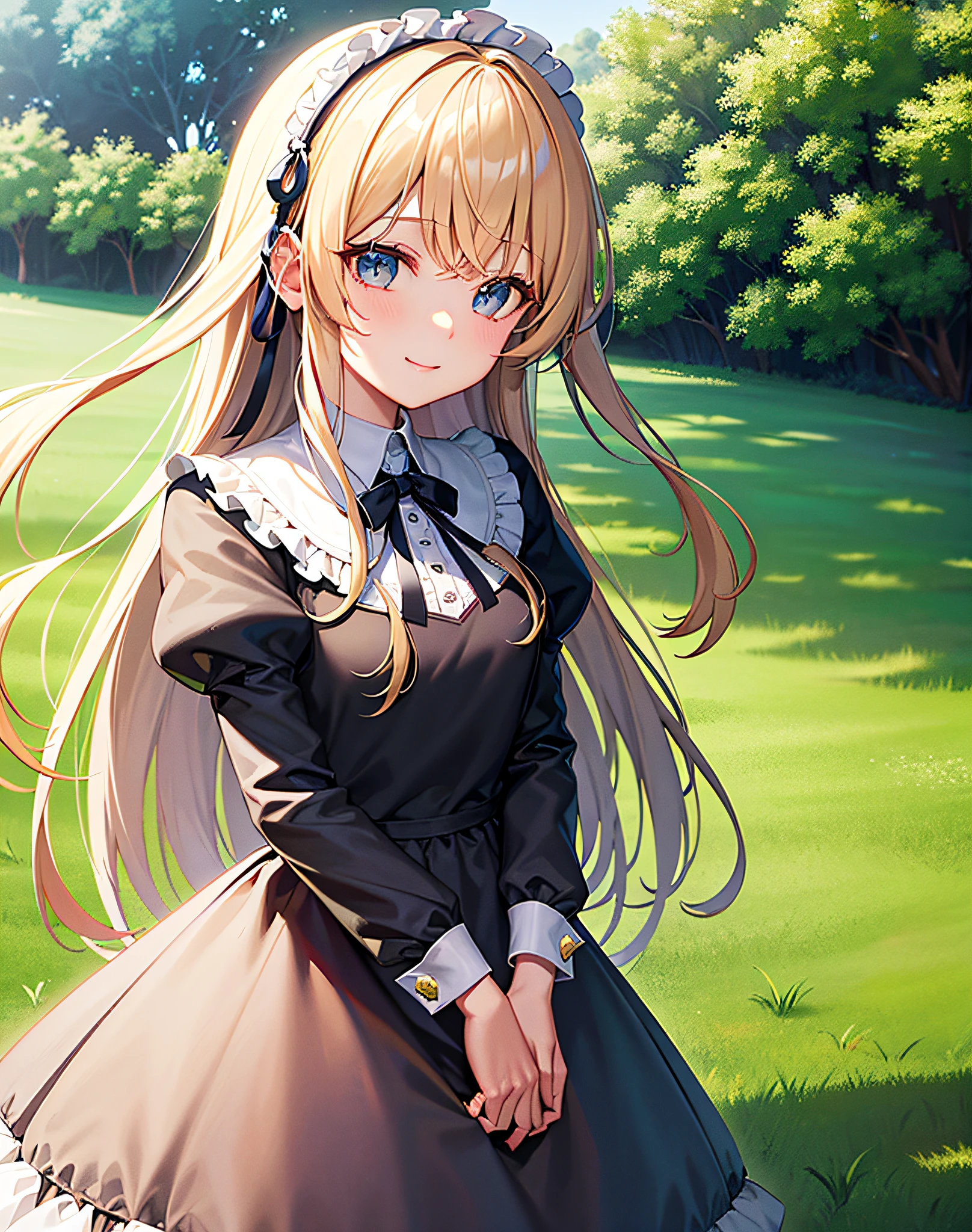 masterpiece, park, blue sky, flaxen hair, long hair, long eyelashes, green eyes, smile, ribbon in hair, gentle expression, bangs bangs bangs, lolita fashion