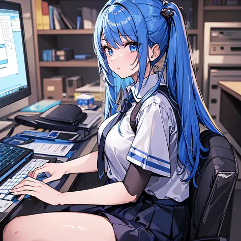 ((masterpiece)),(best quality),(detailed),(1girl),blue hair, blue glowing eyes, white shirt, black skirt, sitting on a computer ...