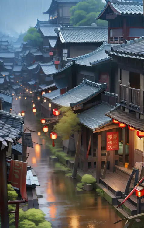 Alavid view of streets with many houses and lanterns, fantastic Chinese town, Chinese village, old asian village, Japanese village, Japanese town, quaint village, village, evening in the rain, ancient city street behind her, rainy night, by Han Gan, a bust...