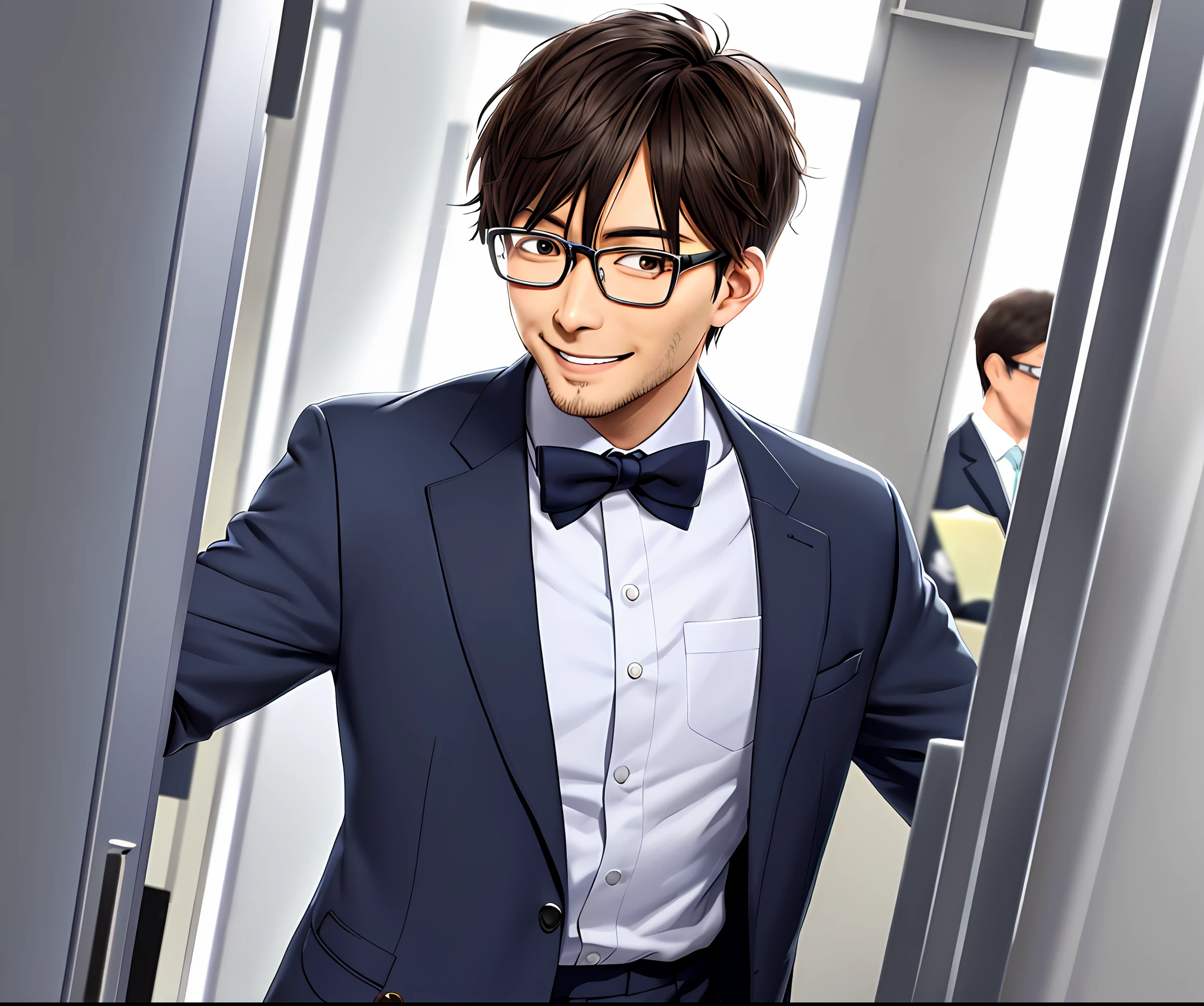 (Male: 1) In a suit. Smiling at the camera. Kurobuchi glasses. Realistic details.
Real.　Photograph.　Cleanliness.
Businessmen. Office worker.