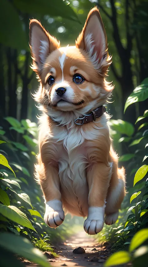 (best quality: 1.2), (masterpiece: 1.2), (realistic: 1.2),  closeup photo, a very cute jumping puppy in the forest, soft volumetric lights, (looking at the viewer: 1.3), (backlit:1.3), (cinematic:1.2), intricate details, masterpiece --auto --s2