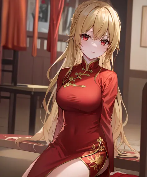 ((top quality, masterpiece)), red china clothes, blonde, girl, one, bust shot,