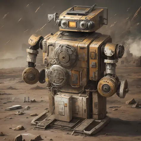 A vintage robot exploring a post-apocalypse environment, realism, weathered details, 3:2 --auto --s2