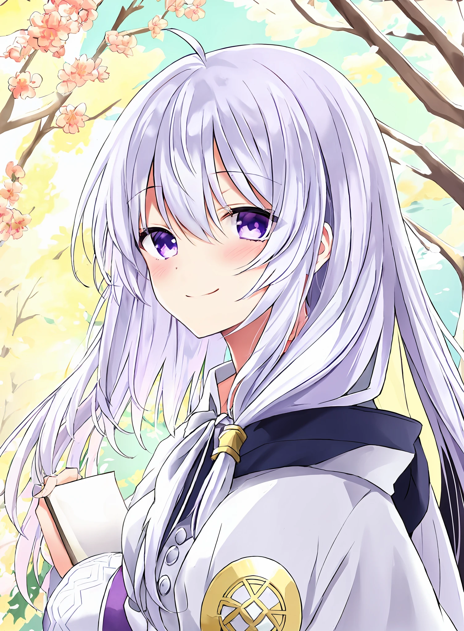 Holding a book, clean detailed anime art, anime moe art style, perfect white hair girl, white hair girl, cute girl with anime visuals, masterpiece, best quality, 1 girl, elaina, whiter_style_costume, daily_costume, purple eyes, long hair, white shirt, white coat, purple eyes, bangs, hair between the eyes, light blush, smile, brooch, plum blossom, dull hair