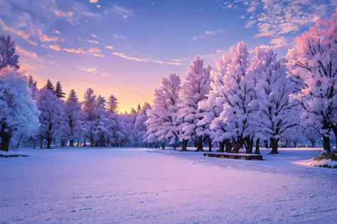 Beautiful natural landscape of city park in winter with fluffy deciduous trees covered with hoarfrost and snow caps at sunset in lilac and pink tones --auto --s2