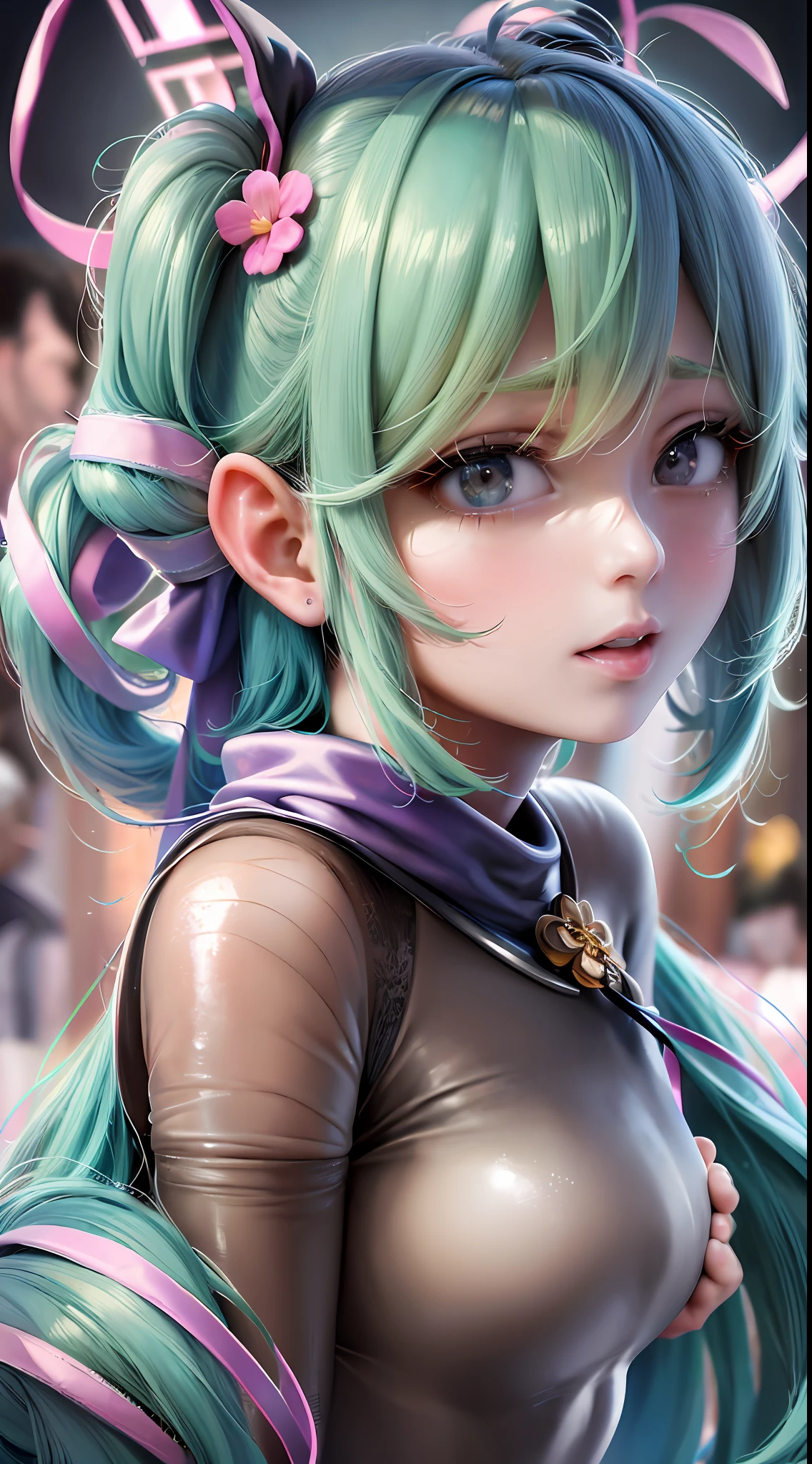 (masterpiece), (best quality), highly detailed, HDR, 1girl, solo focus, skindentation,Sports Bra，shorts，Romper， perfect face, puffy face, beautiful face, big eyes, puffy eyes, perfect eyes, eyelash，Hatsune Miku，Very detailed face，