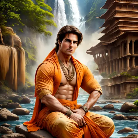8k High revolution ultra detailed,Tom cruise,big hair , orange dhoti,prey of God, sitting, temple,a river, Tom cruise as an Indi...