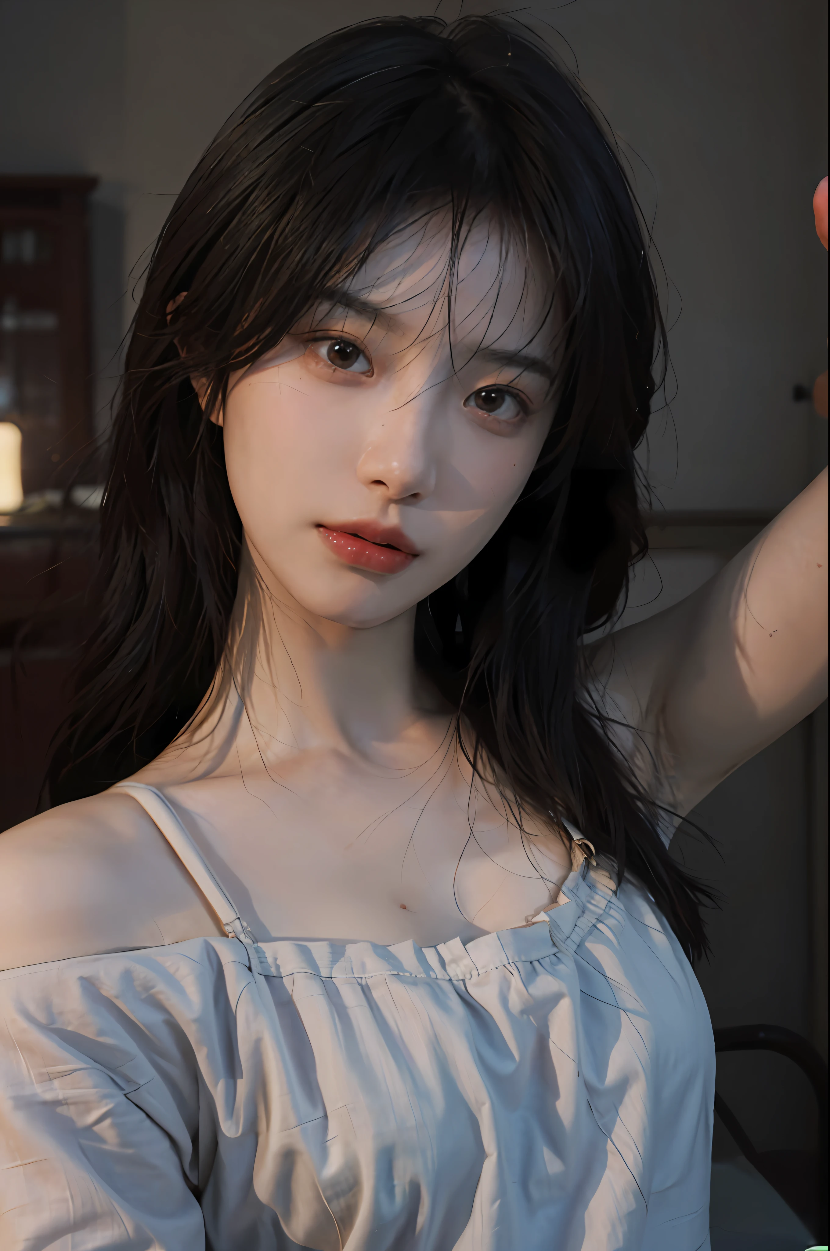 8K, Best Quality, Masterpiece, Ultra High Resolution, (Realism: 1.4), Original Photo, (Realistic Skin Texture: 1.3), (Film Grain: 1.3), (Selfie Angle), 1 Girl, Beautiful Eyes and Face Details, Masterpiece, Best Quality, Close-up, Upper Body, Looking at the Viewer