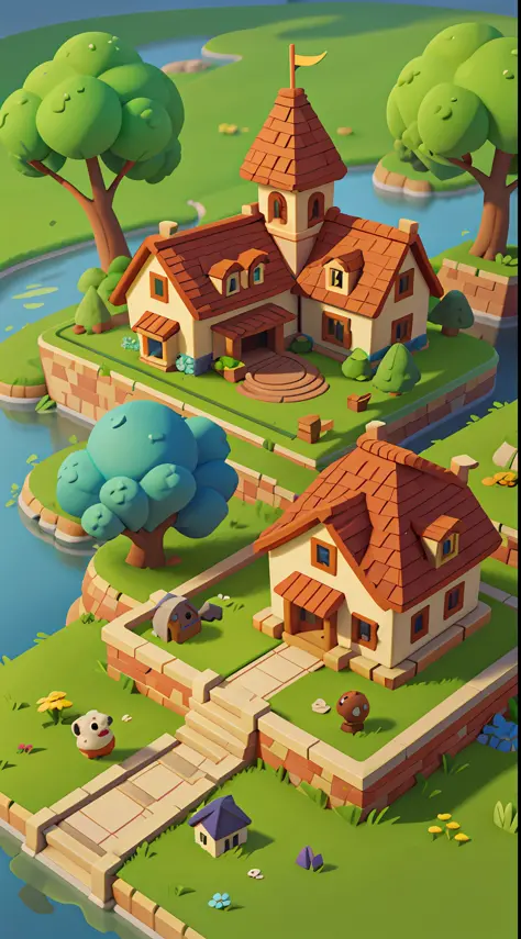 cartoon style, polygon, game architectural design, fantasy, beautiful house, stone, brick, grass, river, flower, vegetable, wheat, tree, animal, casual game style, creative, best detail, cartoon style, 3d, blender, masterpiece, best quality, cartoon render...
