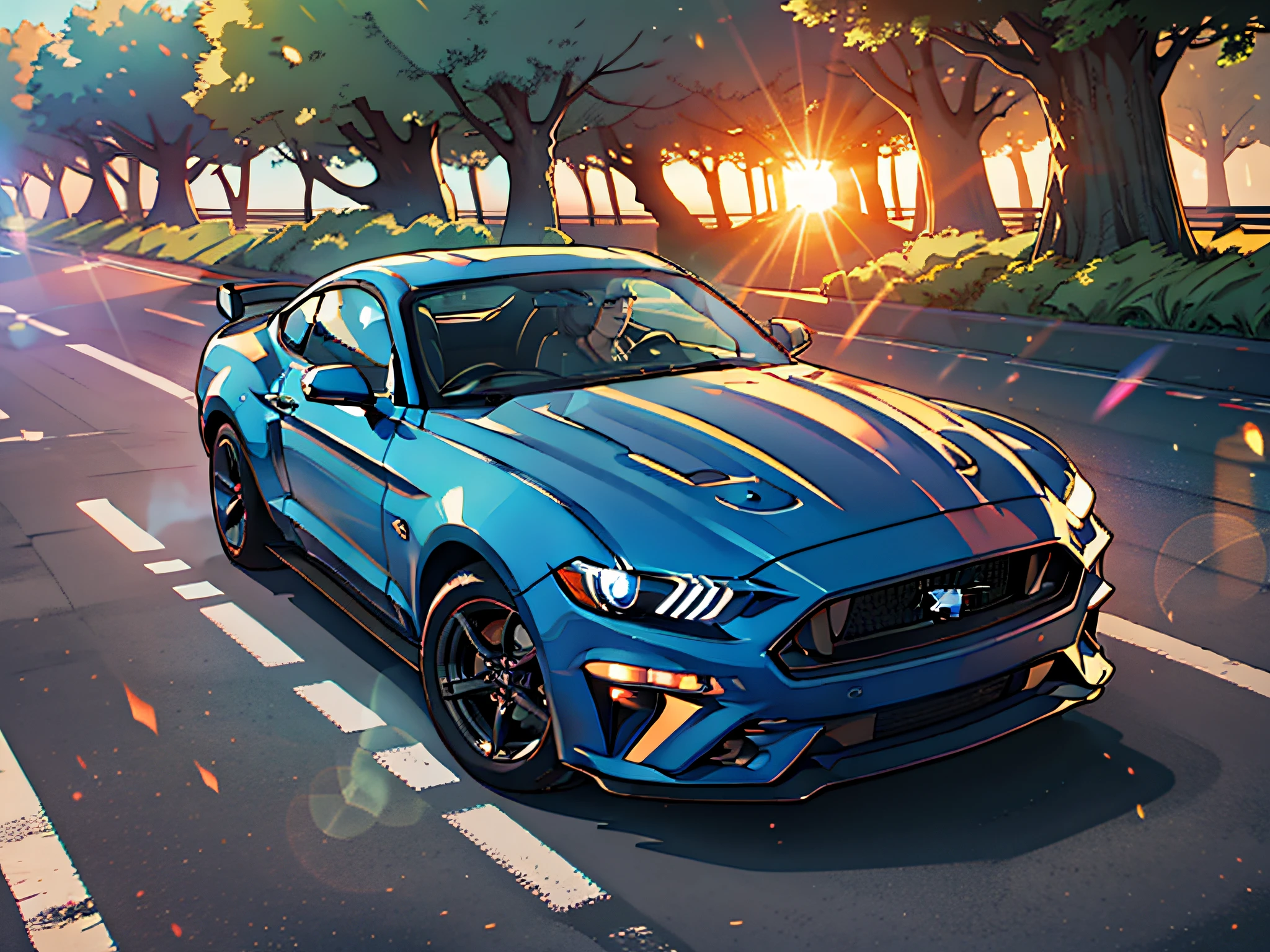 Ford Mustang 2024, motor V8, estilo animado, Alto detalle, iluminación cinematográfica, Destello de lente, Ualta definición, obra maestra, mejor calidad, alta definición, 4k