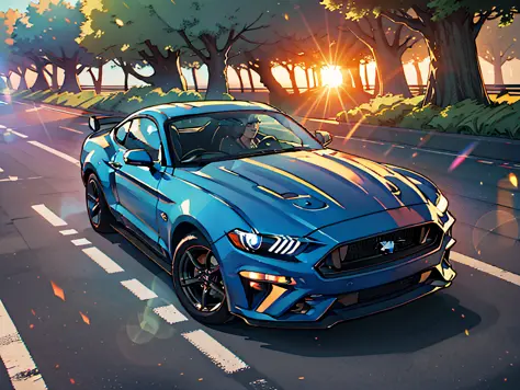 Ford Mustang 2024, motor V8, anime style, high detail, cinematic lighting, lens flare, UHD, masterpiece, best quality, HD, 4K