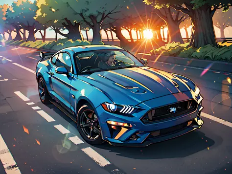 ford mustang 2024, motor v8, anime style, high detail, cinematic lighting, lens flare, uhd, masterpiece, best quality, hd, 4k