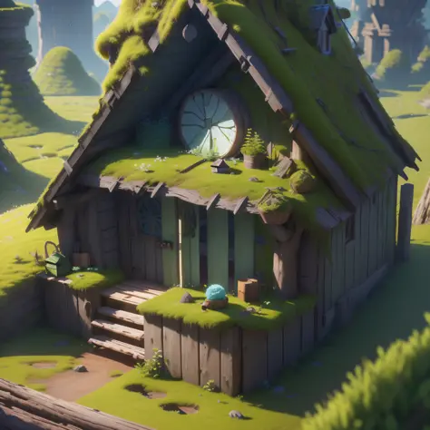 Masterpiece, best quality, (very detailed CG unity 8k wallpaper), (best quality), (best illustration), (best shadow), round radish hut covered with moss, square roof with windows, isometric 3D, octane rendering, ray tracing, very detailed