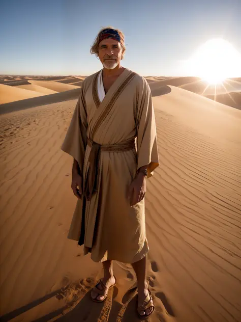 closeup portrait of a man in robes standing on a desert dune, lens flare, sandals, bandana