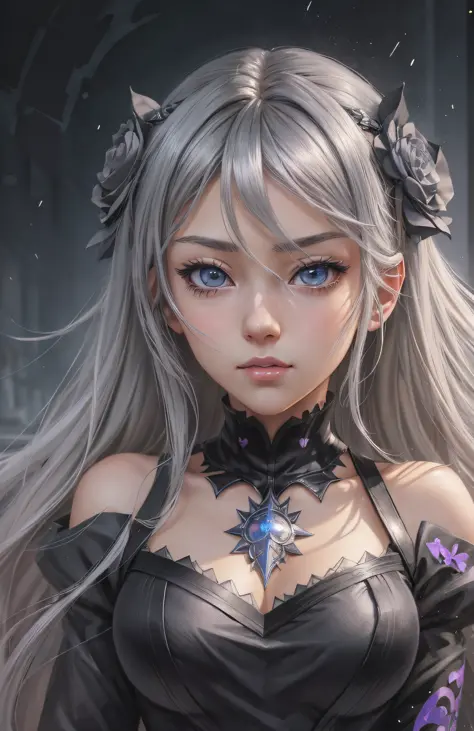 ((masterpiece, best quality)), anime girl with long gray hair and black party dress, detailed portrait of anime girl, detailed digital anime art, stunning anime face portrait, detailed anime art, portrait knights of zodiac girl, digital anime illustration,...
