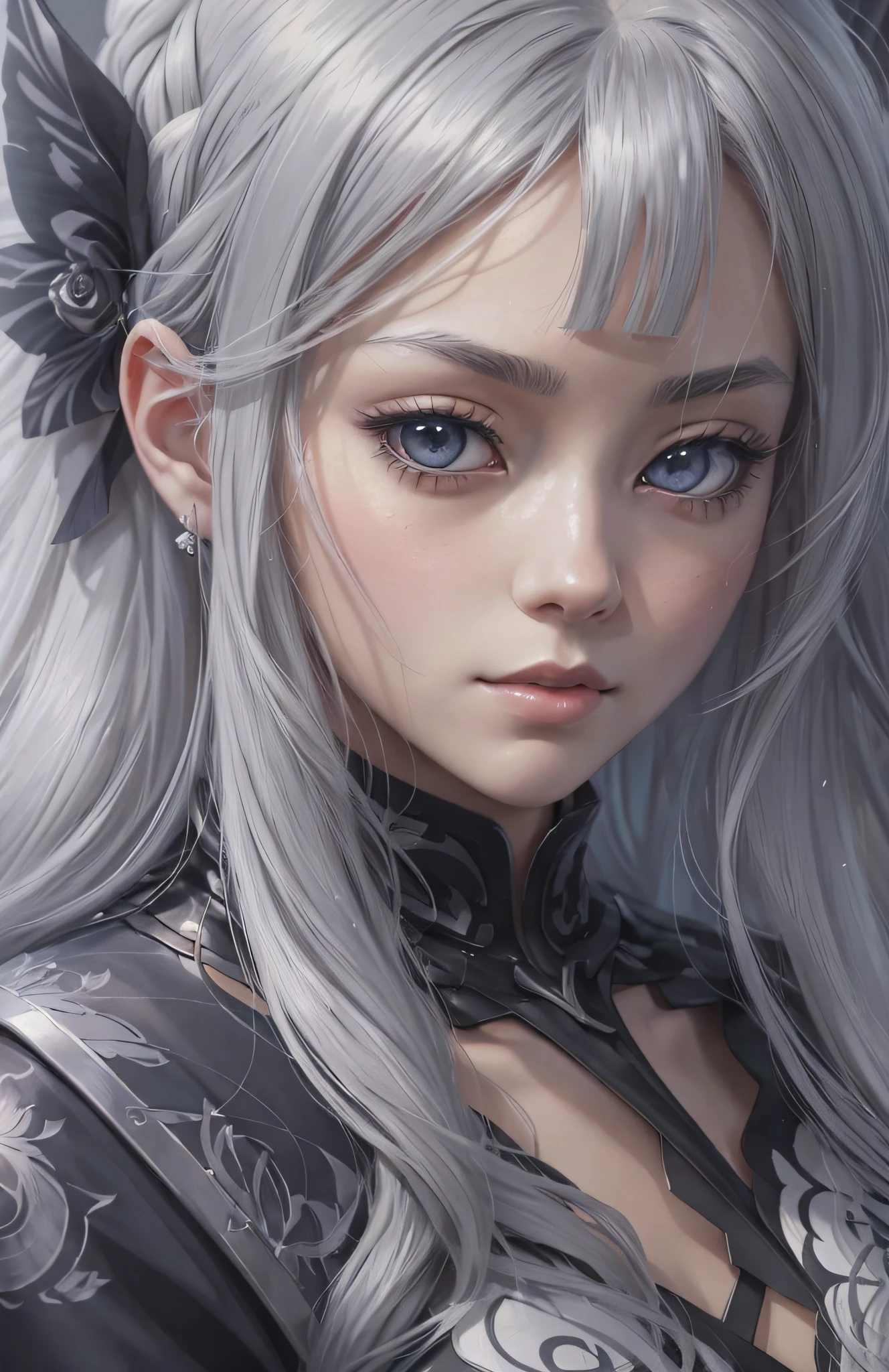 ((obra maestra, mejor calidad)), chica anime con cabello largo gris y vestido negro, retrato detallado de chica anime, arte de anime digital detallado, impresionante retrato de cara de anime, arte de anime detallado, retrato, caballeros del zodiaco, niña, ilustración de anime digital, hermoso retrato animado, cara suave de anime detallada, arte de anime detalladowork, Ilustración de anime suave, clean arte de anime detallado, Arte detallado de alta calidad 8k