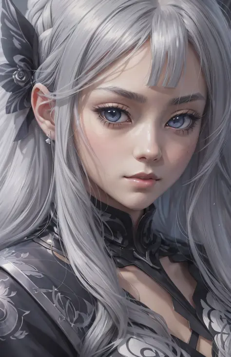 ((masterpiece, best quality)), anime girl with long gray hair and black party dress, detailed portrait of anime girl, detailed digital anime art, stunning anime face portrait, detailed anime art, portrait knights of zodiac girl, digital anime illustration,...