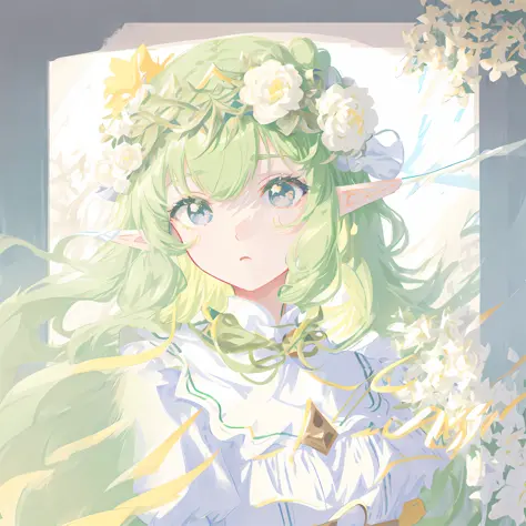 Anime girl with long green hair and flower crowns, elf girl in flower clothes, elf princess, colored line art, pastel anime illustration, she has flower crowns, flat anime style shadows, colored line art, anime art style, anime art style, marin kitagawa fa...