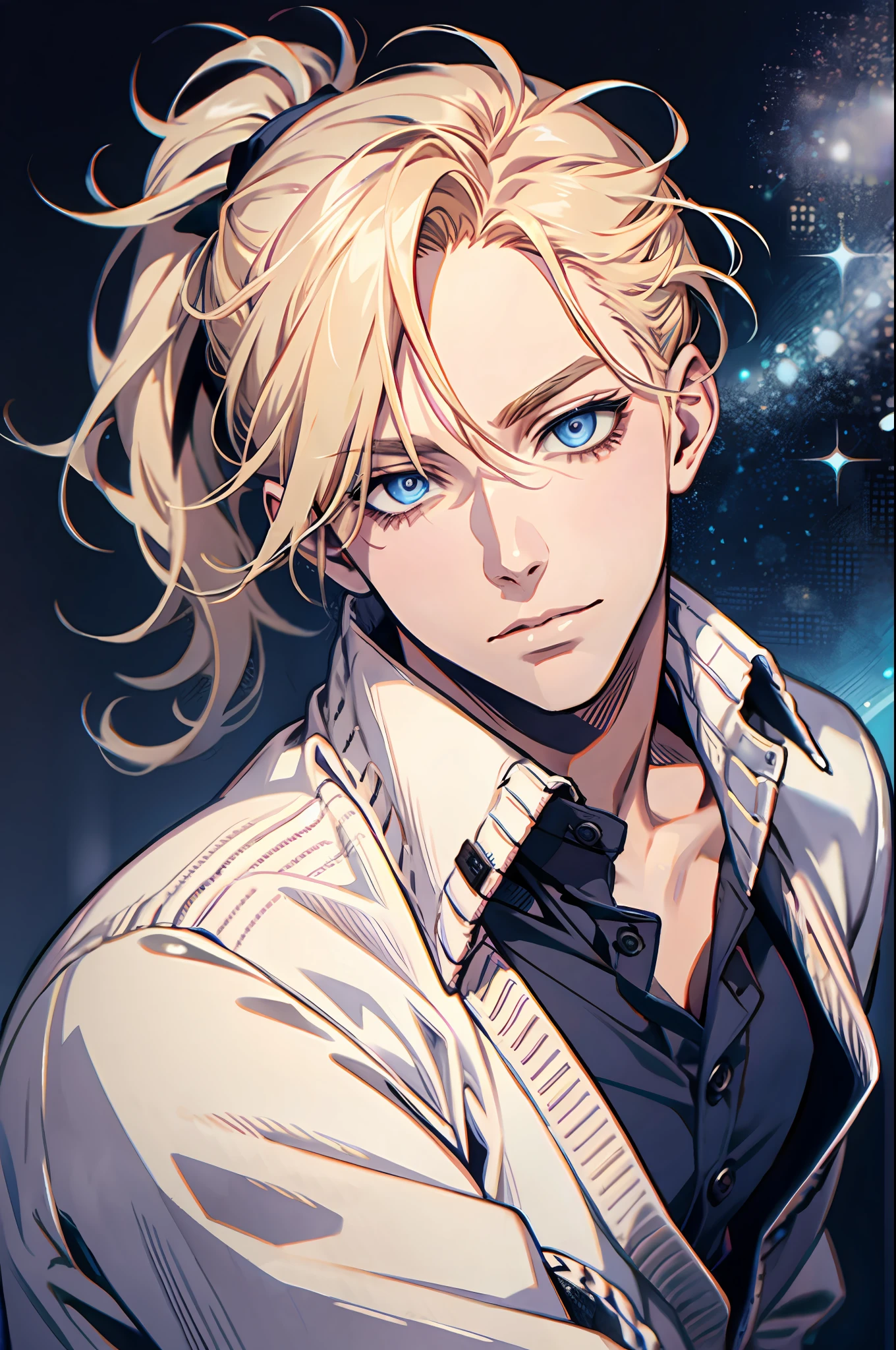 1 homme, seulement, yeux bleus, cheveux blond, queue de cheval, Yeux et visage détaillés, cardigan surdimensionné, chemise déboutonnée, pose sexuelle