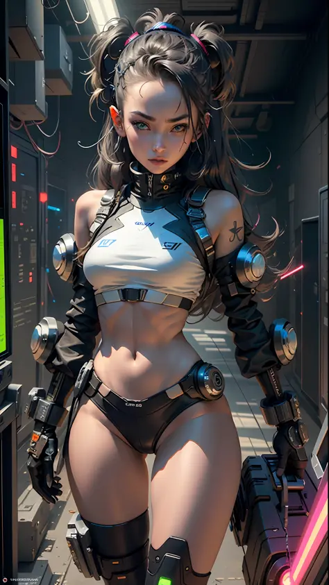 cybernized girl with cyberpunk prosthetics in single underpants, long hair, Spaceship inside, futuristic style, Sci-fi, hyper detailed, laser in center, laser from the sky, energy clots, photorealism, hyper realism, acceleration, light flash, speed, painti...