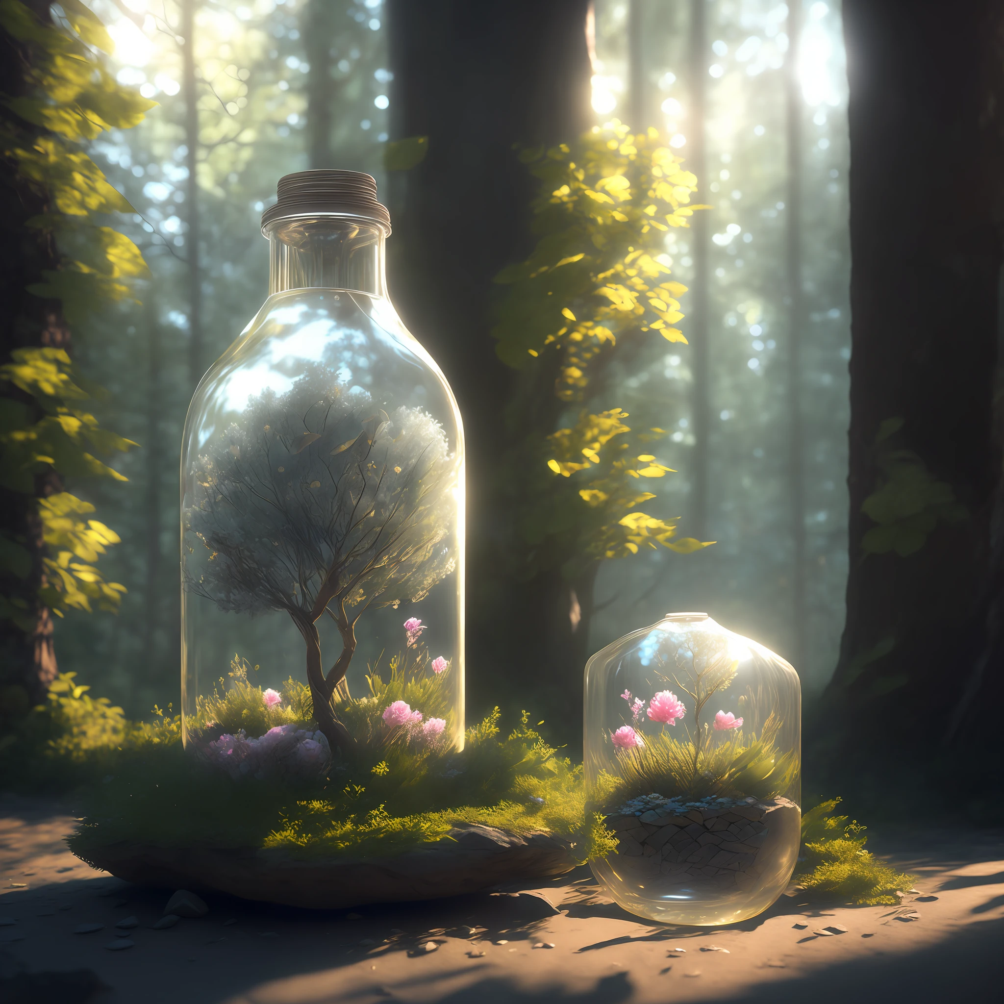 Tree of dreamlike art in a bottle, cute, realistic, photo, canon, dreamlike, art, leaves and colorful branches with flowers on the top of the head in the background a window overlooking the forest. Hyper-detailed photorealism by Greg Rutkowski - H 1024 W 804 | F 1 6 Lens Brand 2:2 S 3555 mm Film Granulation:1 Real High Resolution Sharp Focus Contrast!! intricate detailed atmospheric light refraction lighting unreal engine 5 cinematic concept photography masterpiece octane rendering trend rendering in cgsociety rendered as